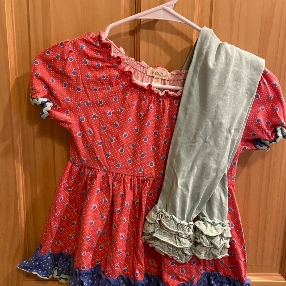 Matilda Jane Red apple and Polka Dot Dress with Green Leggings